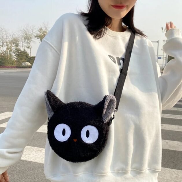 Bolsa Gata Jiji de Pelúcia Preto Macio Fofo Estilo Kawaii Japonês