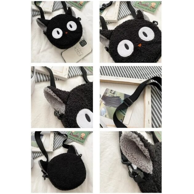 Bolsa Gata Jiji de Pelúcia Preto Macio Fofo Estilo Kawaii Japonês