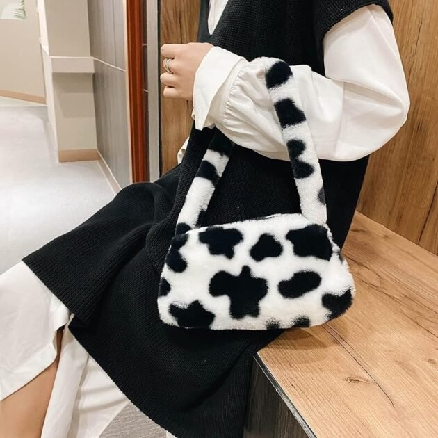 Bolsa de Vaca em Pelúcia com Alça Macio Fofo Estilo Kawaii Japonês