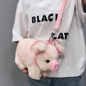 Bolsa de Porquinho com Formato de Porco Fofo e Macio de Pelúcia Rosa Estilosa Transversal de Ombro