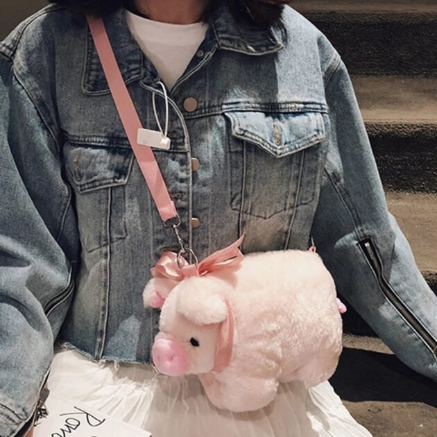 Bolsa de Porquinho com Formato de Porco Fofo e Macio de Pelúcia Rosa Estilosa Transversal de Ombro - Imagem 3