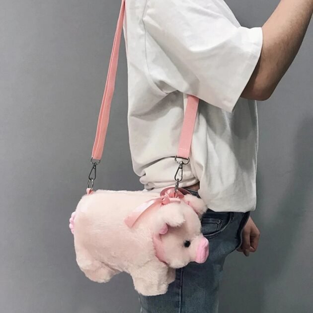 Bolsa de Porquinho com Formato de Porco Fofo e Macio de Pelúcia Rosa Estilosa Transversal de Ombro - Imagem 4