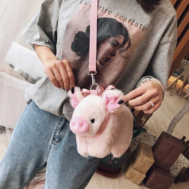Bolsa de Porquinho com Formato de Porco Fofo e Macio de Pelúcia Rosa Estilosa Transversal de Ombro - Imagem 5