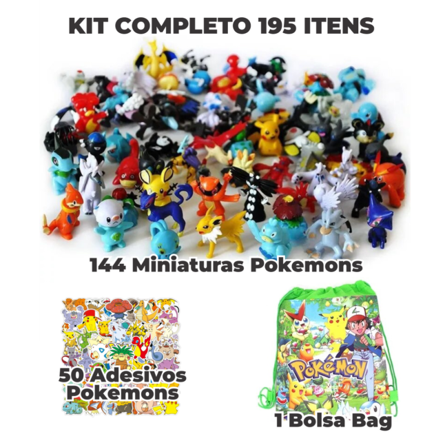 Kit 144 Pokemons + 50 Adesivos Coleção Completa Miniaturas e Bolsa Bag