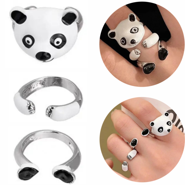 Kit 3 Anéis com Formato de Urso Panda Ajustável Fofo e Divertido