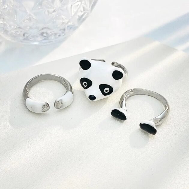 Kit 3 Anéis com Formato de Urso Panda Ajustável Fofo e Divertido
