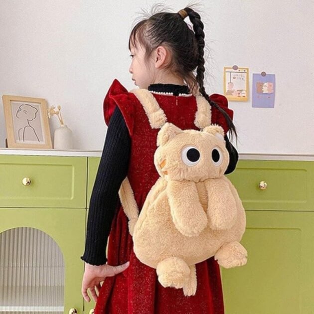 Mochila com Formato De Gatinho de Pelúcia Fofa e Felpuda com Alças Kawaii - Imagem 2