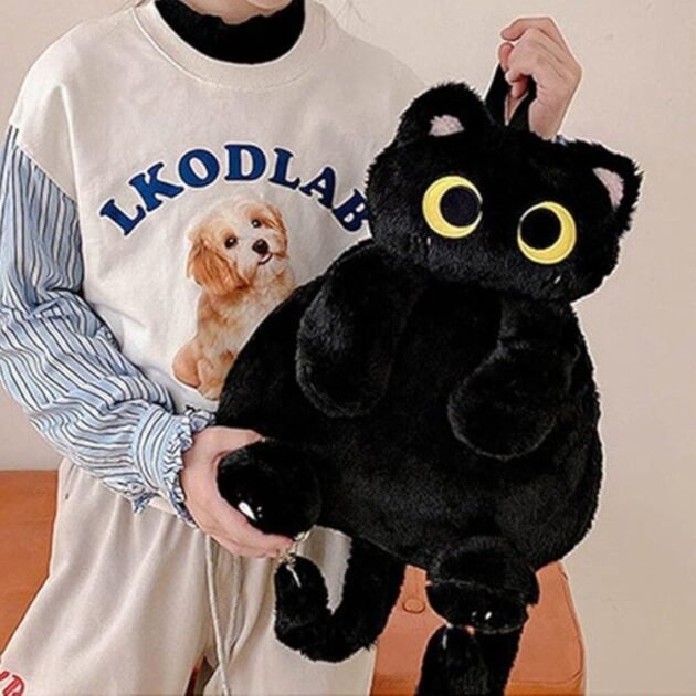Mochila com Formato De Gatinho de Pelúcia Fofa e Felpuda com Alças Kawaii - Imagem 5